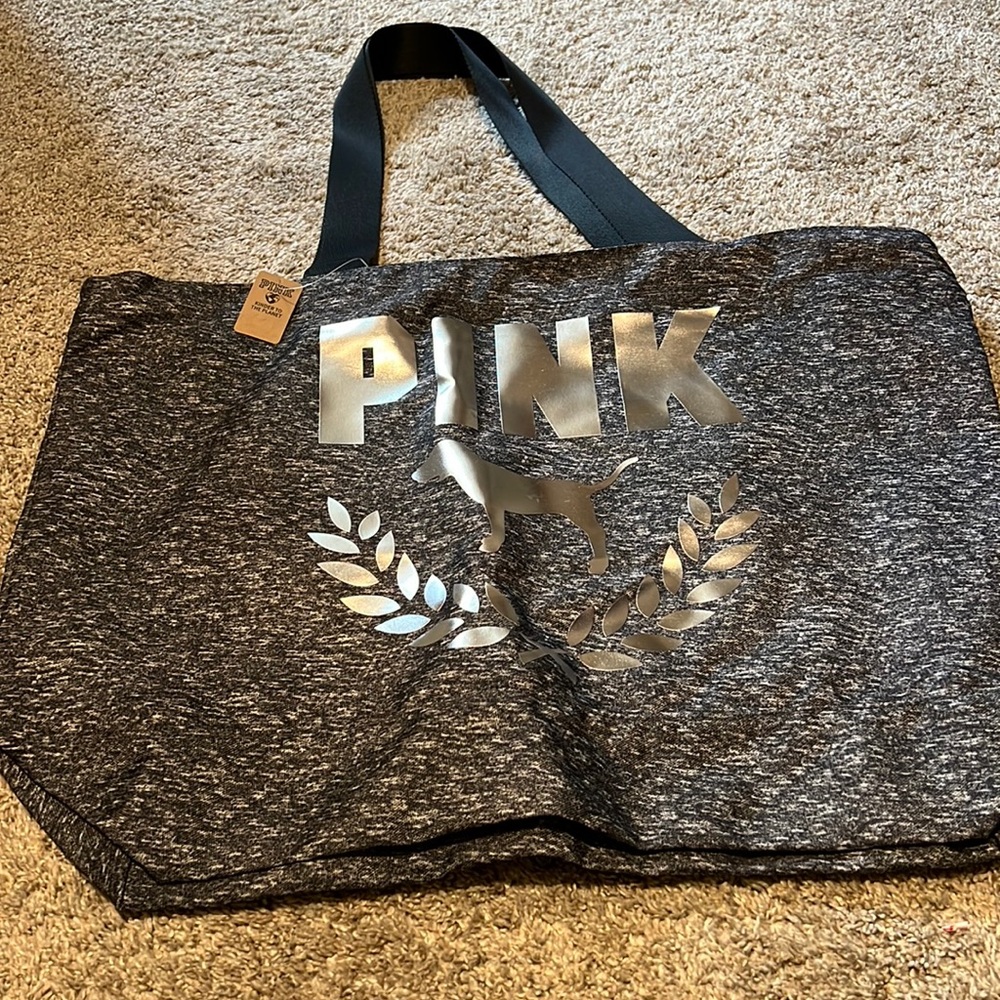 NWT Pink brand black and white with silver decal bag.